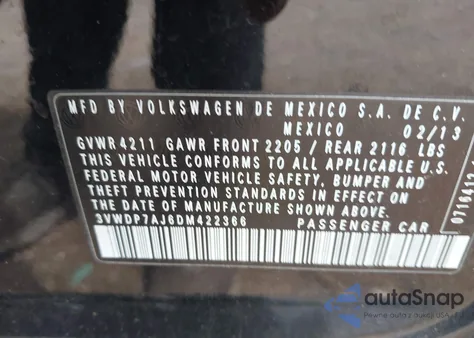 2013 Volkswagen Jetta 2.5L Se из США, поврежденный, VIN 3VWDP7AJ6DM422366